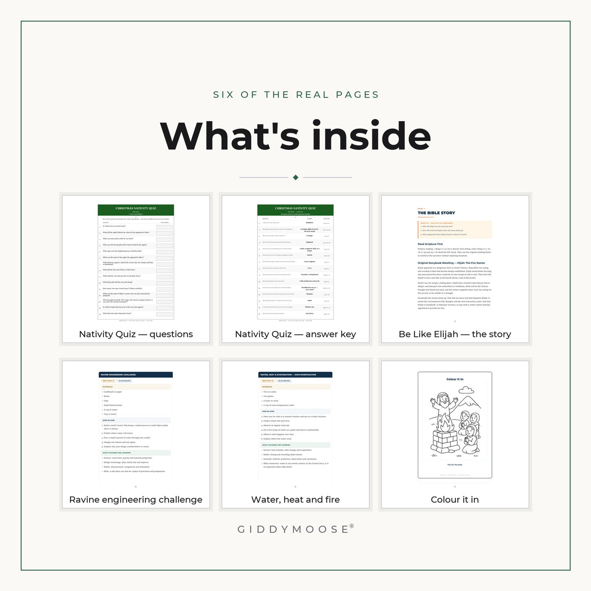 Six real pages from the Church Sample Pack: Nativity quiz questions and answer key, the Elijah story, ravine engineering challenge, water heat and fire investigation, colouring page