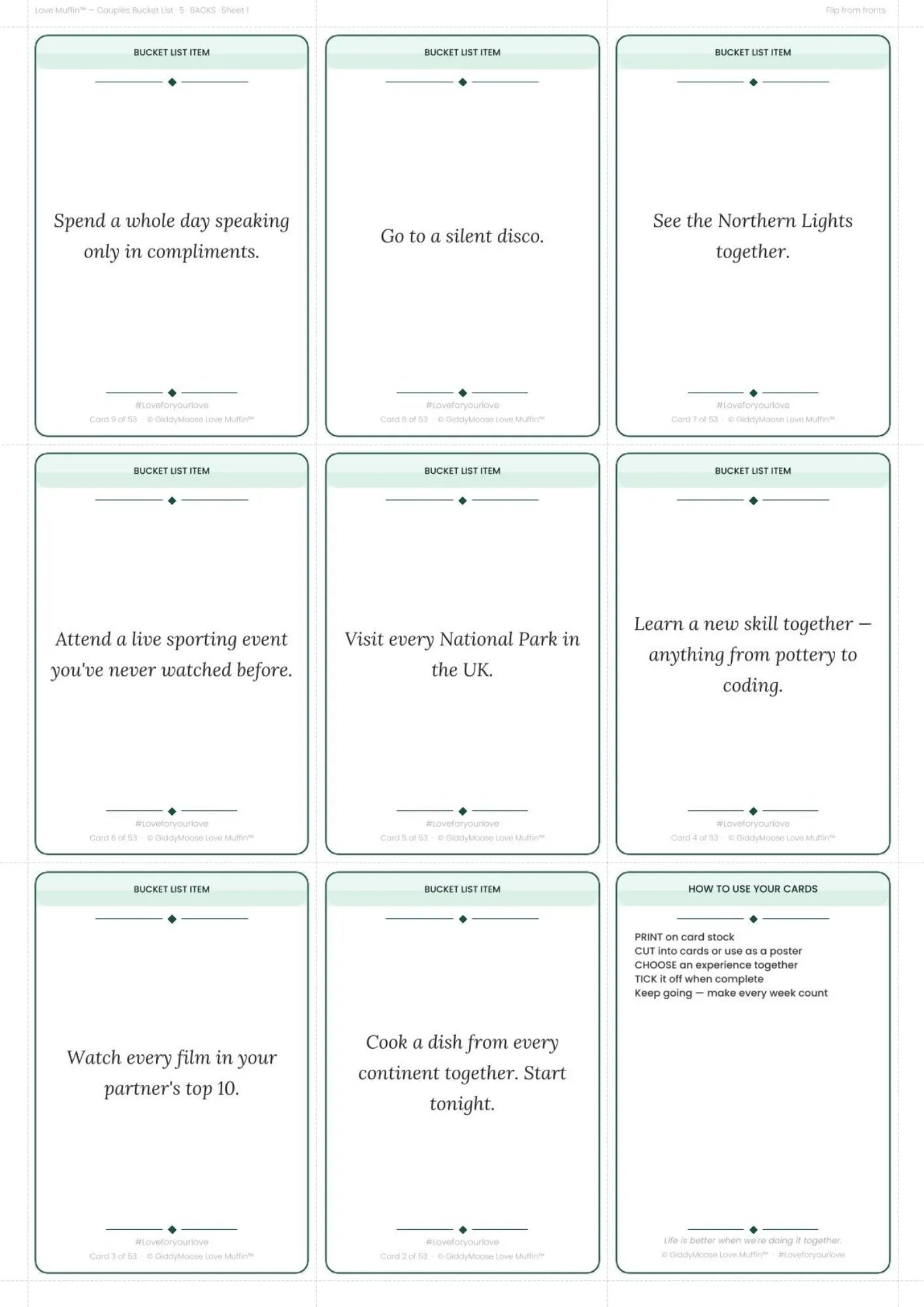 Couples Bucket List Printable | 52 Experiences | Date Night Gift Cards | Love Muffin UK Instant Download