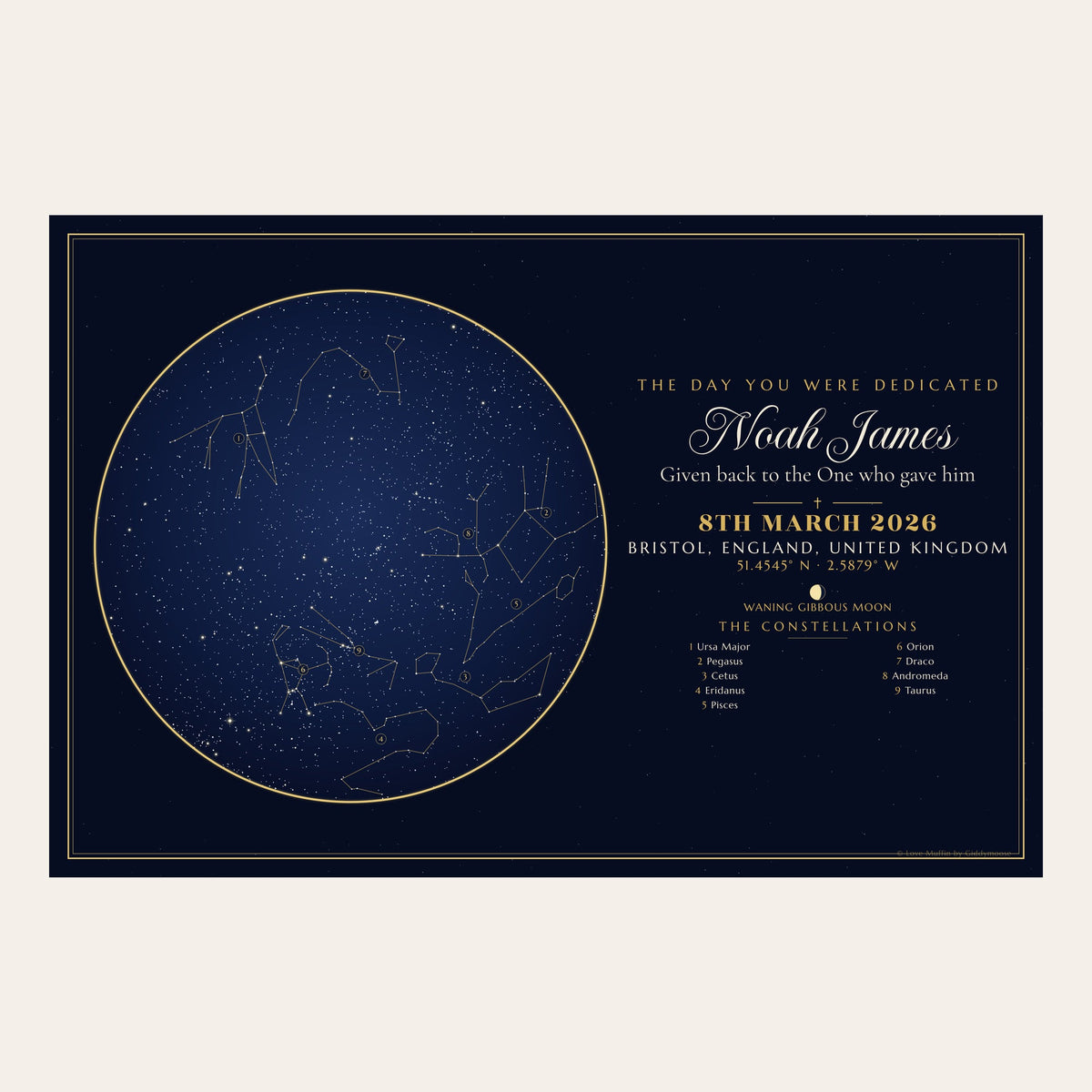 The Day You Were Dedicated personalised star map in landscape — the same night sky, laid out wide