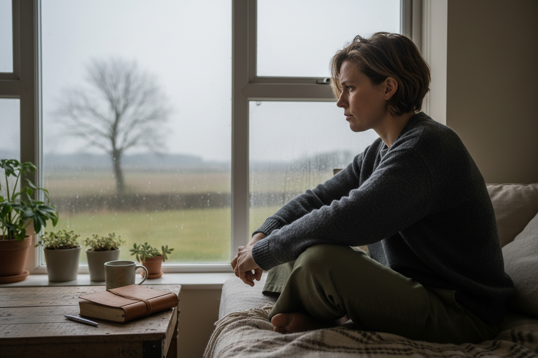 Person sitting alone by a window, looking out thoughtfully, feeling lost and reflective