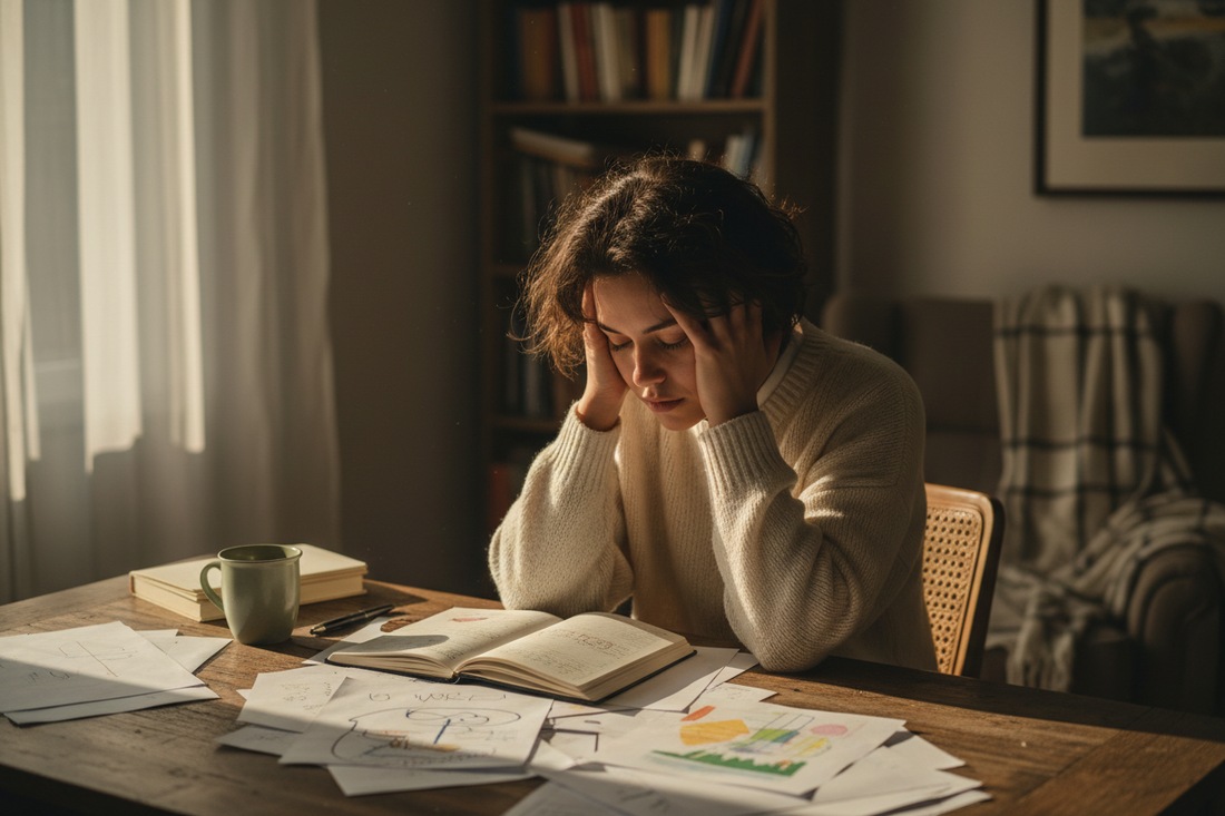 Person with head in hands at a desk, overwhelmed by overthinking