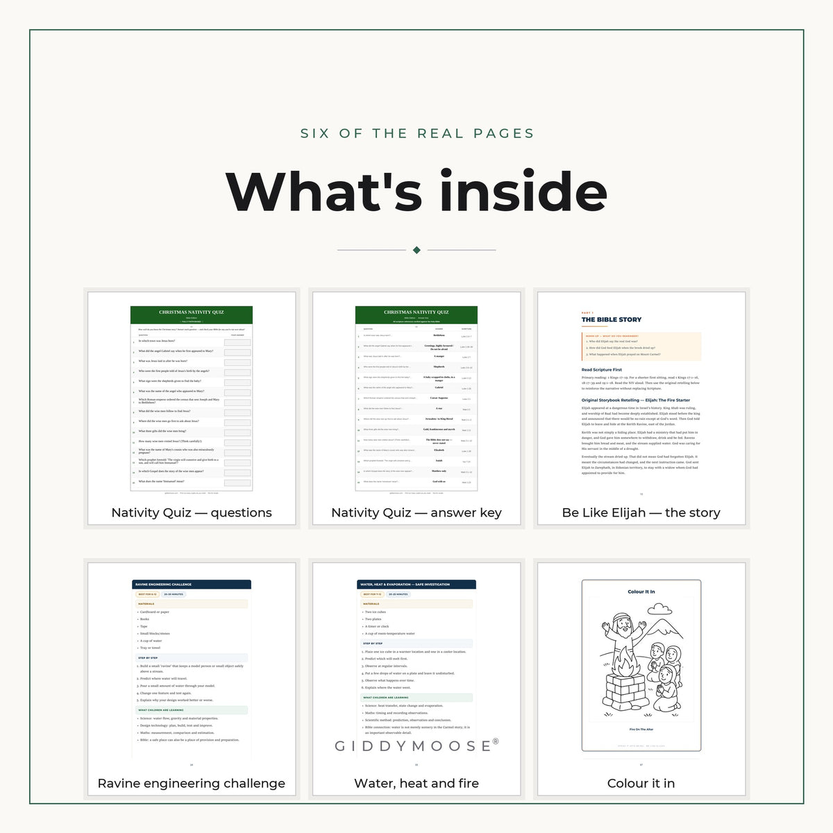 Six real pages from the Church Sample Pack: Nativity quiz questions and answer key, the Elijah story, ravine engineering challenge, water heat and fire investigation, colouring page