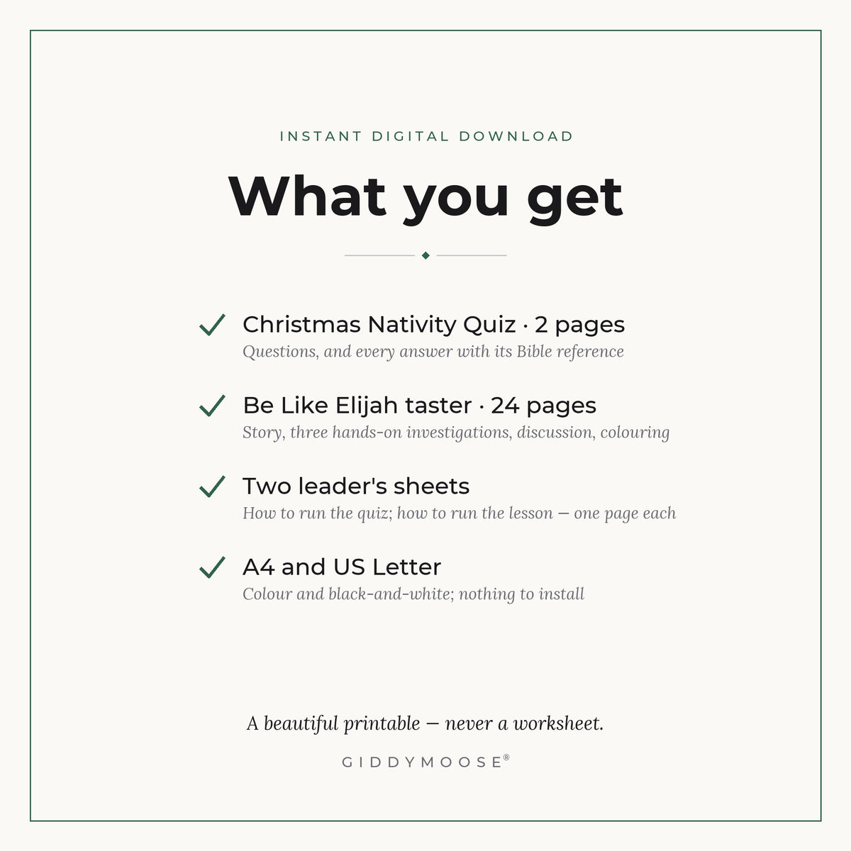 What you get in the Church Sample Pack: Christmas Nativity Quiz, Be Like Elijah 24-page taster, two leader's sheets, A4 and US Letter