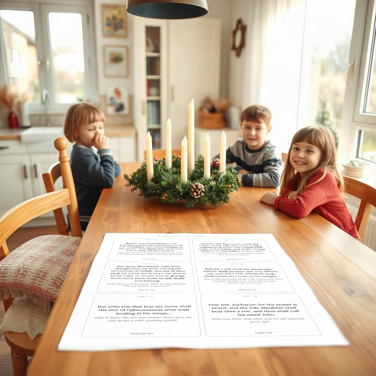 In use — a family using the printable at the breakfast table
