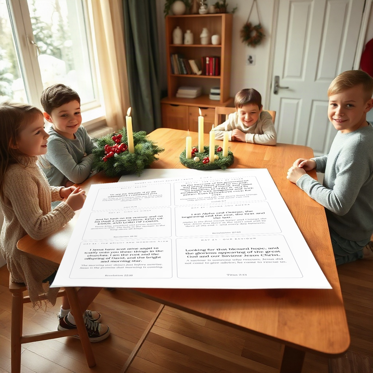 In use — a family using the printable at the breakfast table
