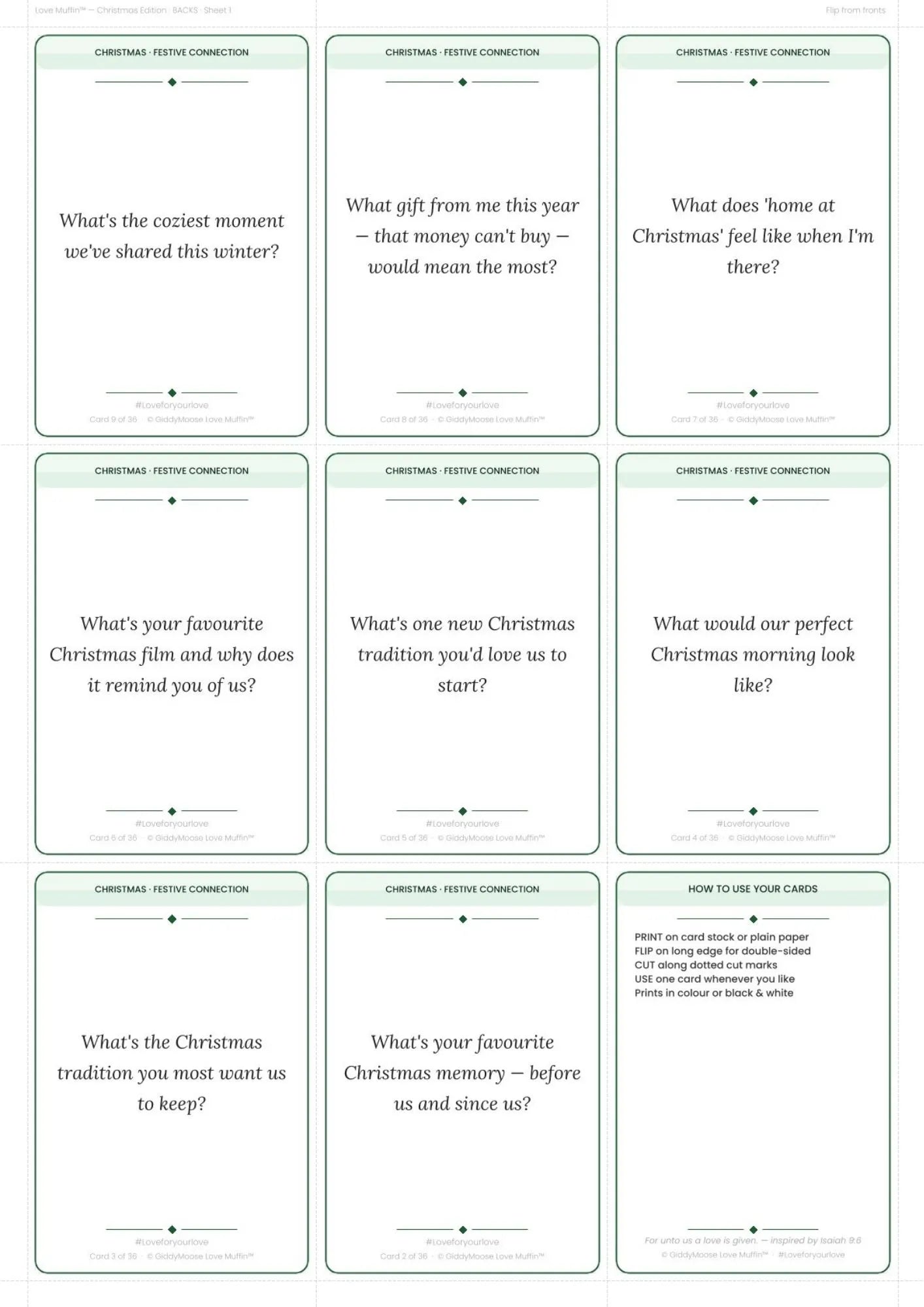 Christmas Couples Cards Printable | 36 Festive Cards | Date Night Christmas Gift | Love Muffin UK
