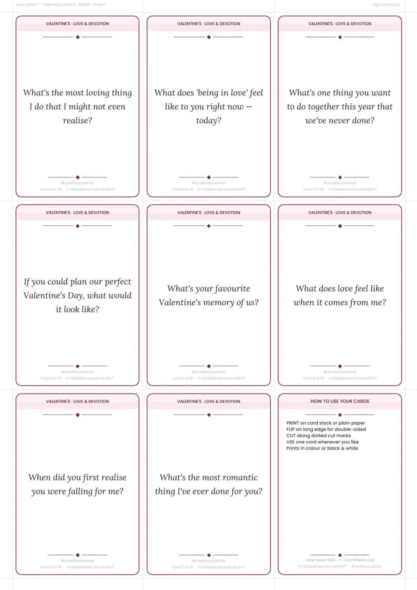 Valentine's Couples Cards Printable | 36 Cards | Love Muffin Valentine Edition
