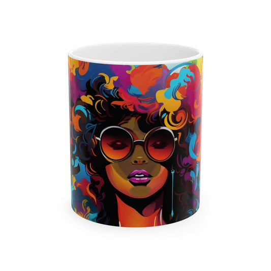 J Love 'I am woman' Colorful Afrocentric Large Ceramic Mug | Vibrant Art for Coffee Lovers
