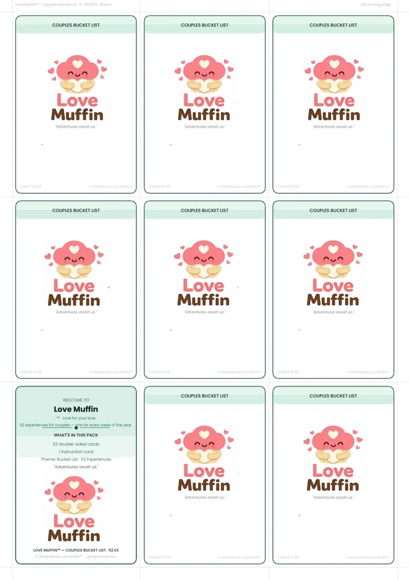 Couples Bucket List Printable | 52 Experiences | Date Night Gift Cards | Love Muffin UK Instant Download