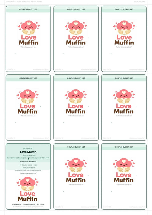 Couples Bucket List Printable | 52 Experiences | Date Night Gift Cards | Love Muffin UK Instant Download