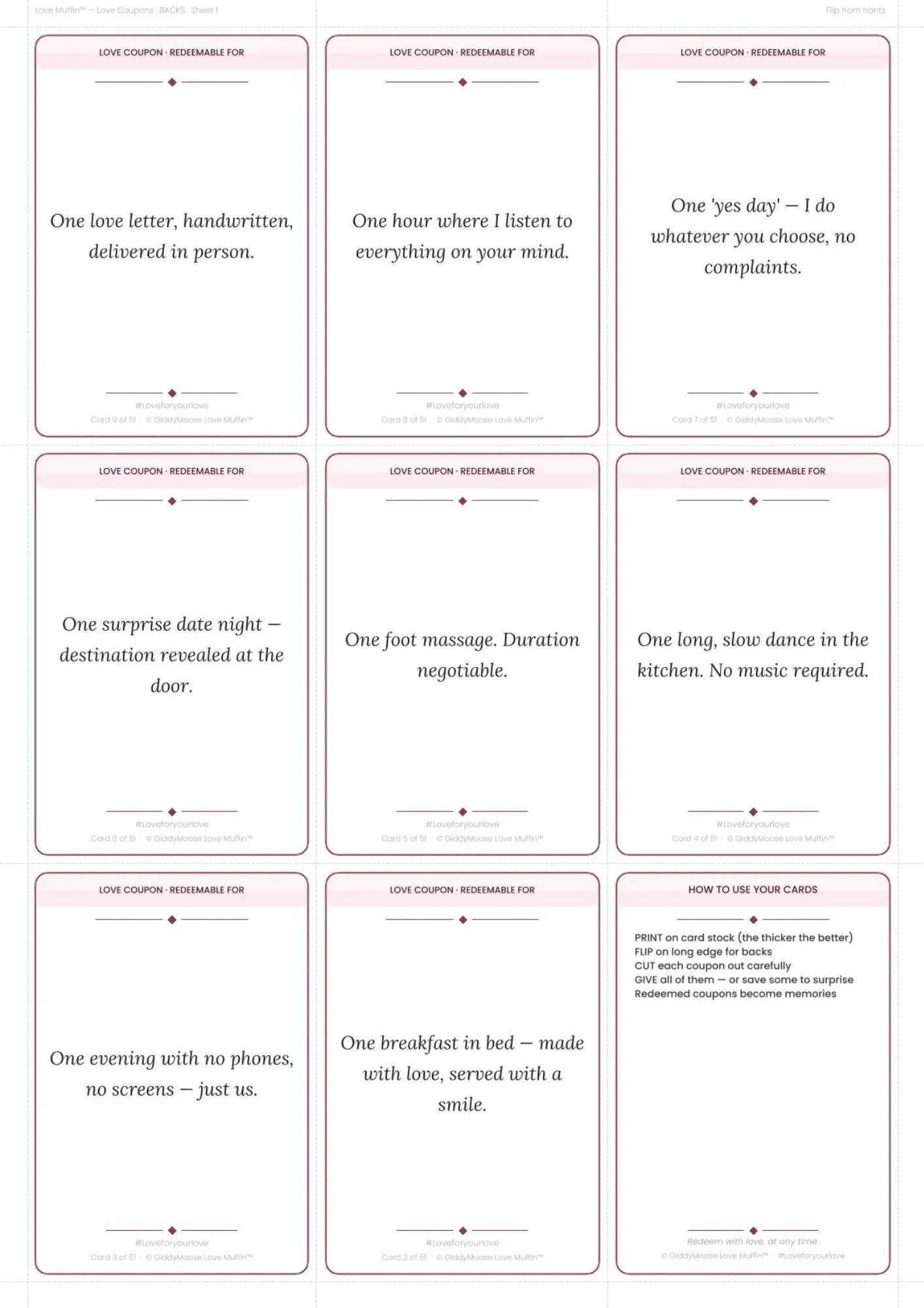 Love Coupons Printable for Couples | 50 Romantic Coupons | Date Night Gift | Love Muffin UK Instant Download