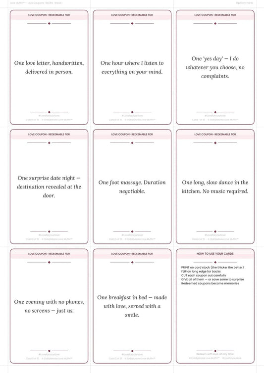 Love Coupons Printable for Couples | 50 Romantic Coupons | Date Night Gift | Love Muffin UK Instant Download