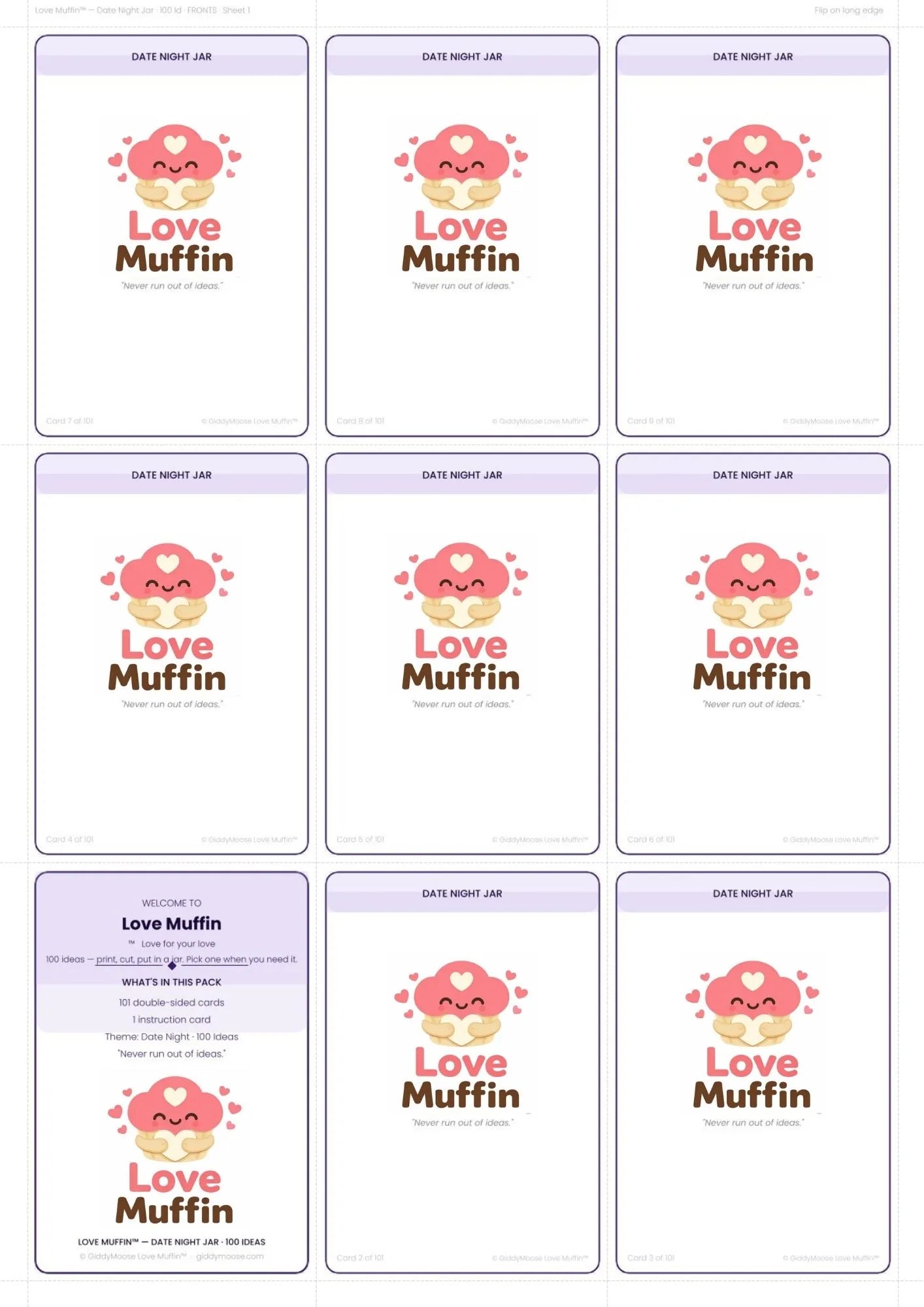Date Night Ideas Printable | 100 Couples Date Cards | Date Jar Gift | Love Muffin UK Instant Download