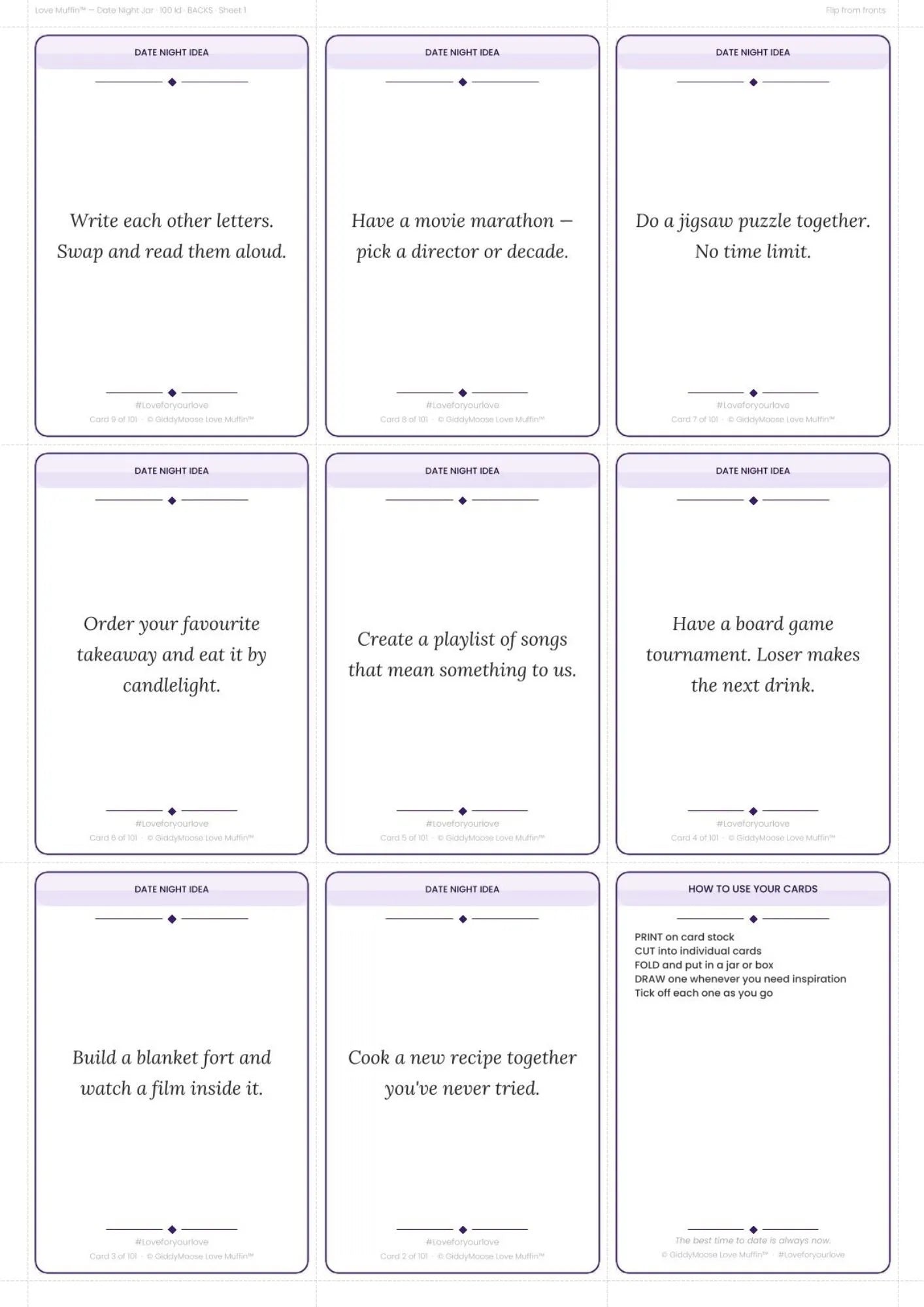 Date Night Ideas Printable | 100 Couples Date Cards | Date Jar Gift | Love Muffin UK Instant Download