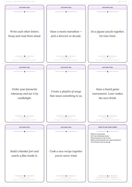 Date Night Ideas Printable | 100 Couples Date Cards | Date Jar Gift | Love Muffin UK Instant Download