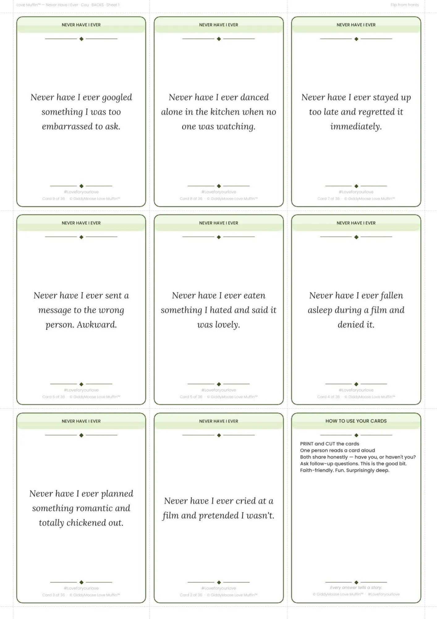 Never Have I Ever Couples Printable | 35 Faith-Friendly Cards | Fun Date Night Gift | Love Muffin UK