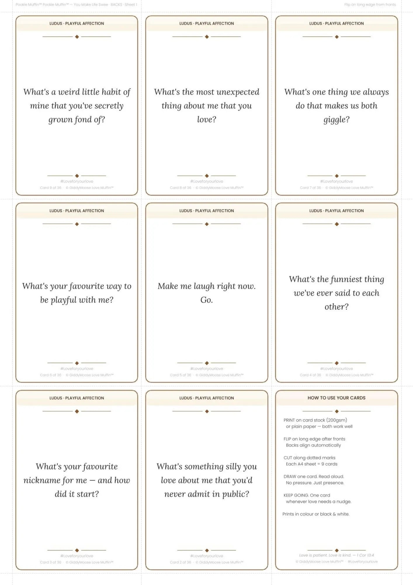 Playful Couples Cards Printable | 36 Cute Cards | Funny Relationship Gift | Pookie Muffin | UK Instant Download