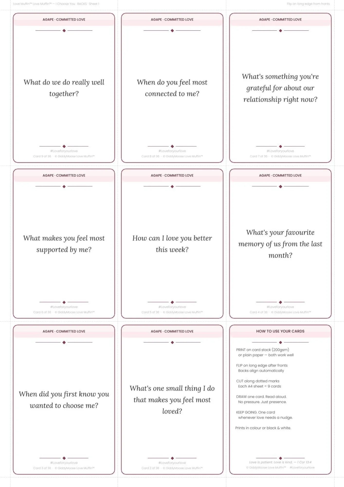 Couples Conversation Cards Printable | 36 Cards | Date Night Gift | Love Muffin I Choose You | Instant Download UK