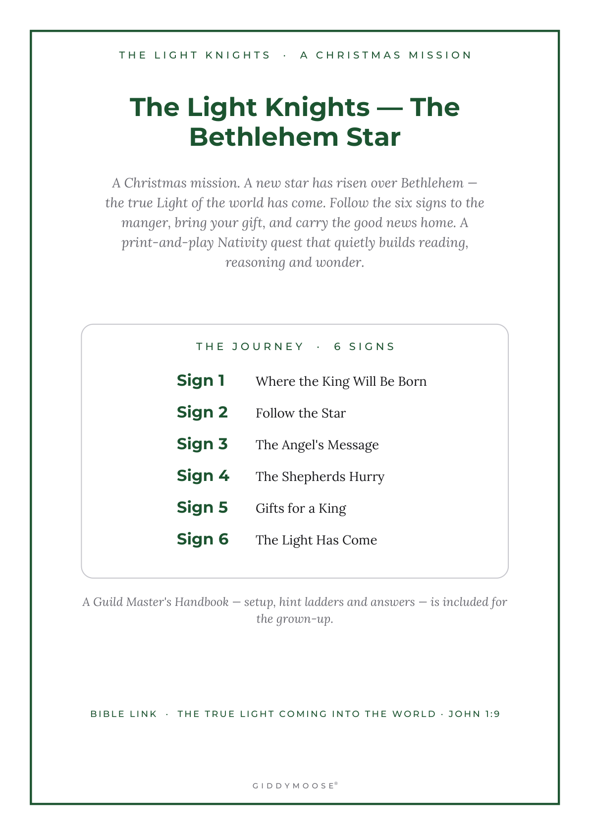 The Bethlehem Star — a Christmas quest mission sheet