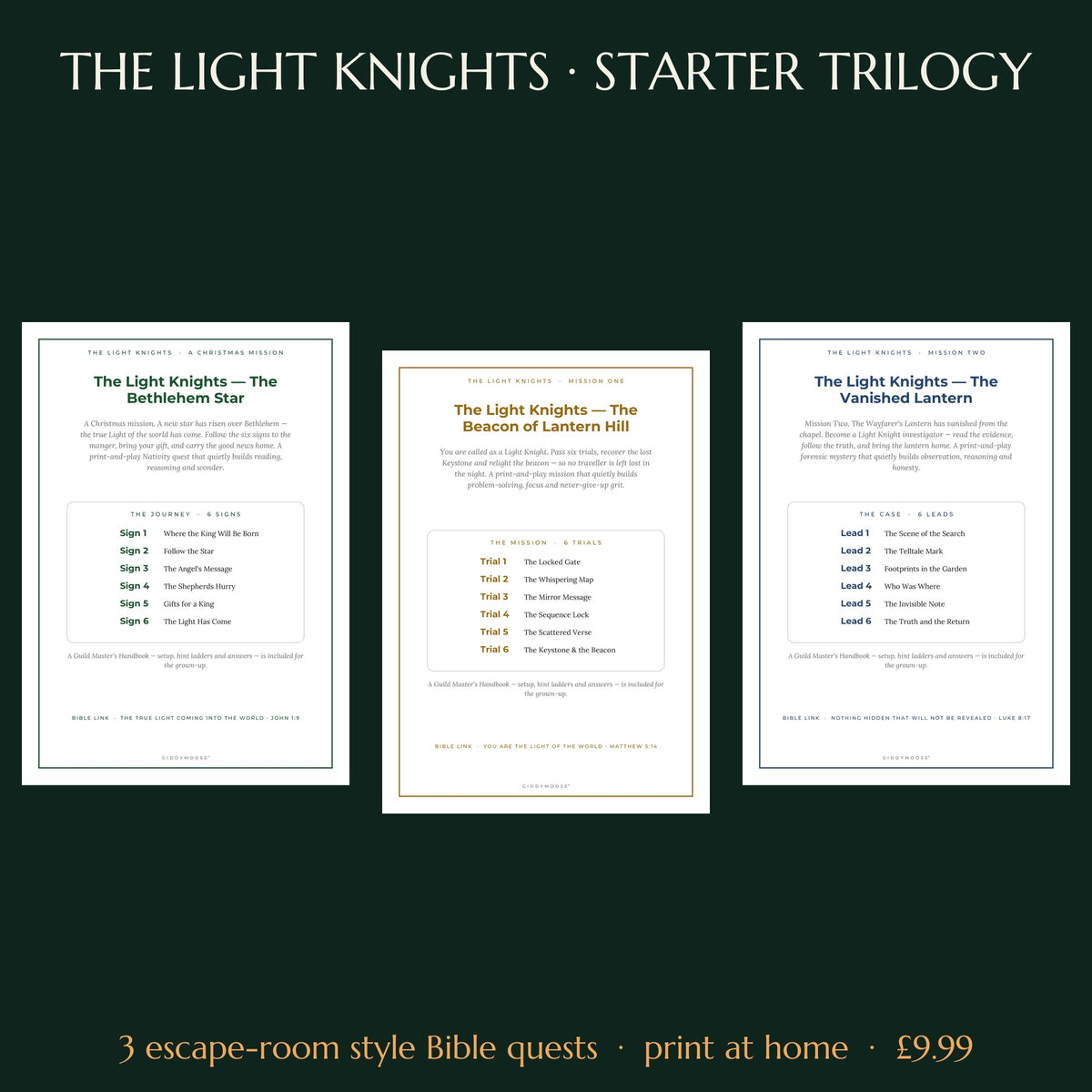 The Light Knights Starter Trilogy — three printable Bible quests