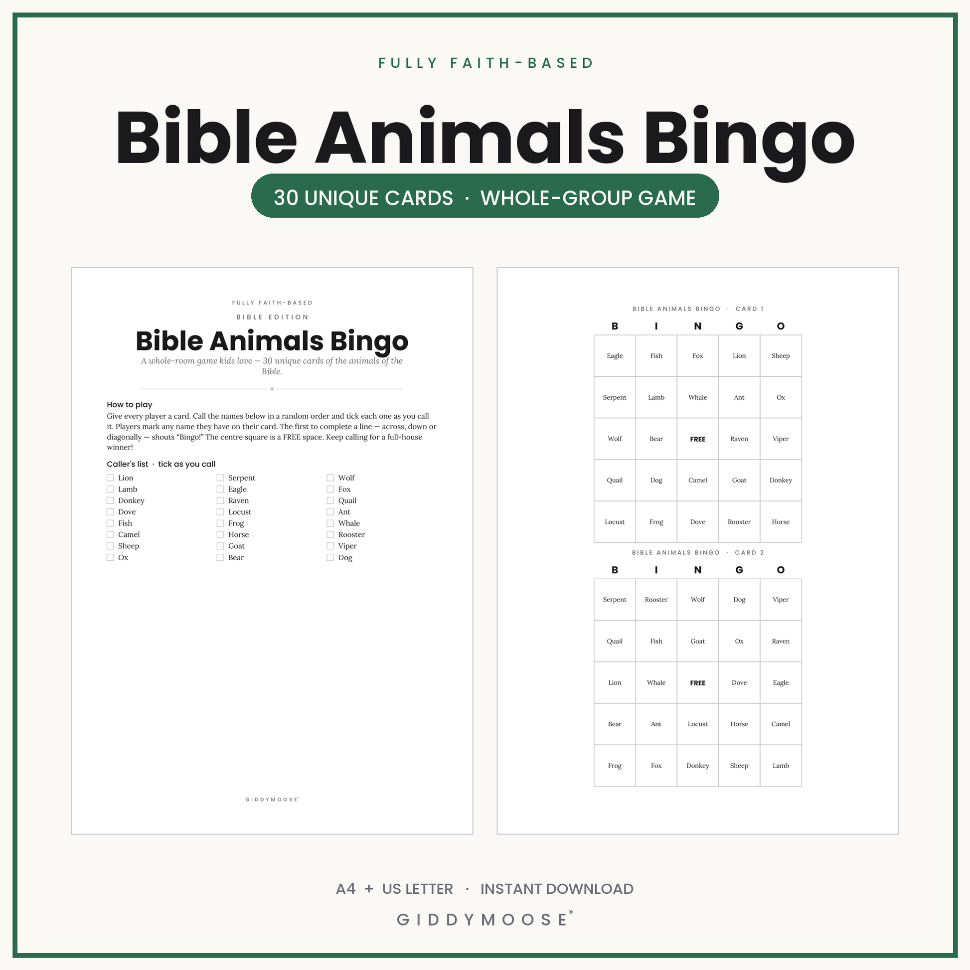 Bible Animals Bingo Printable