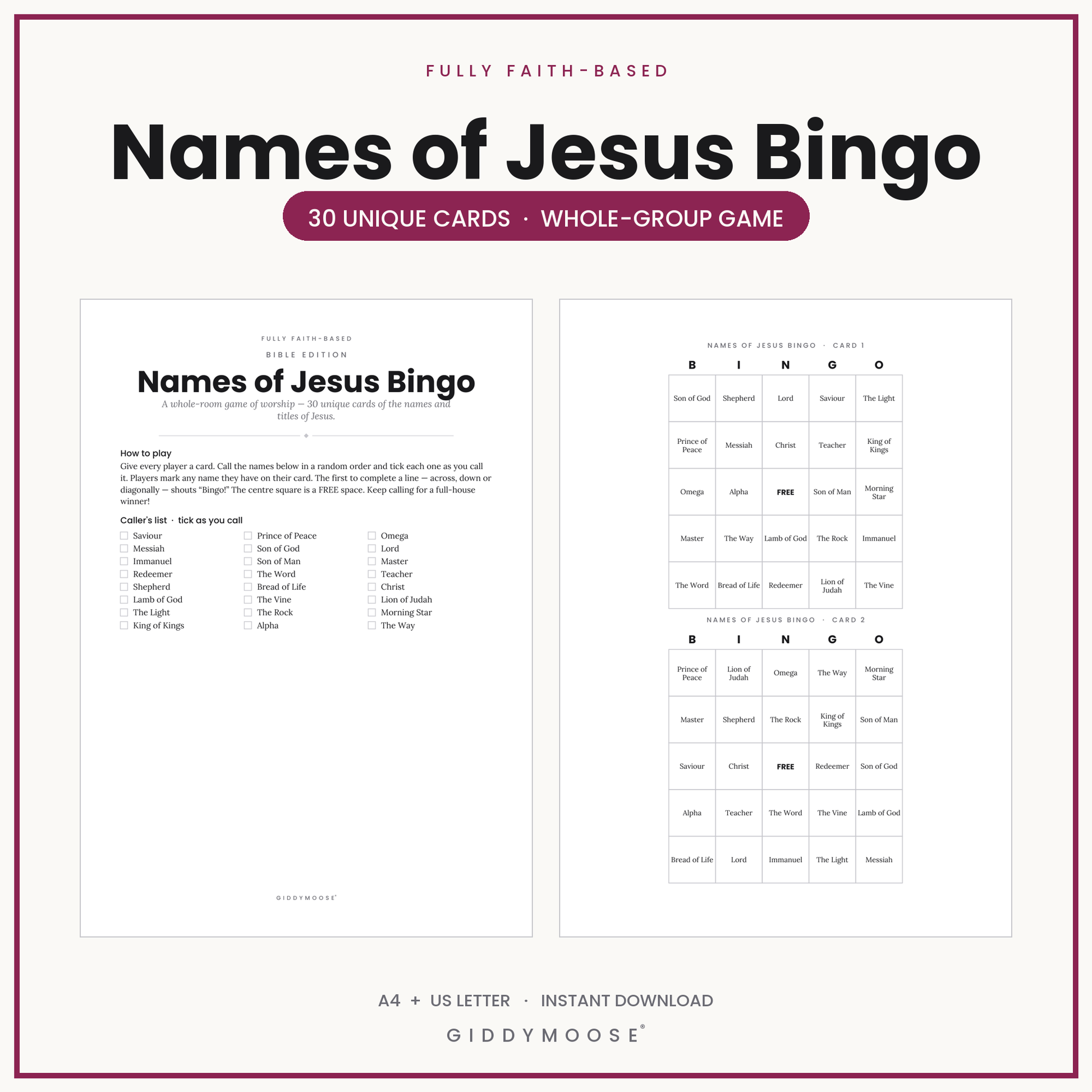 Names of Jesus Bingo Printable