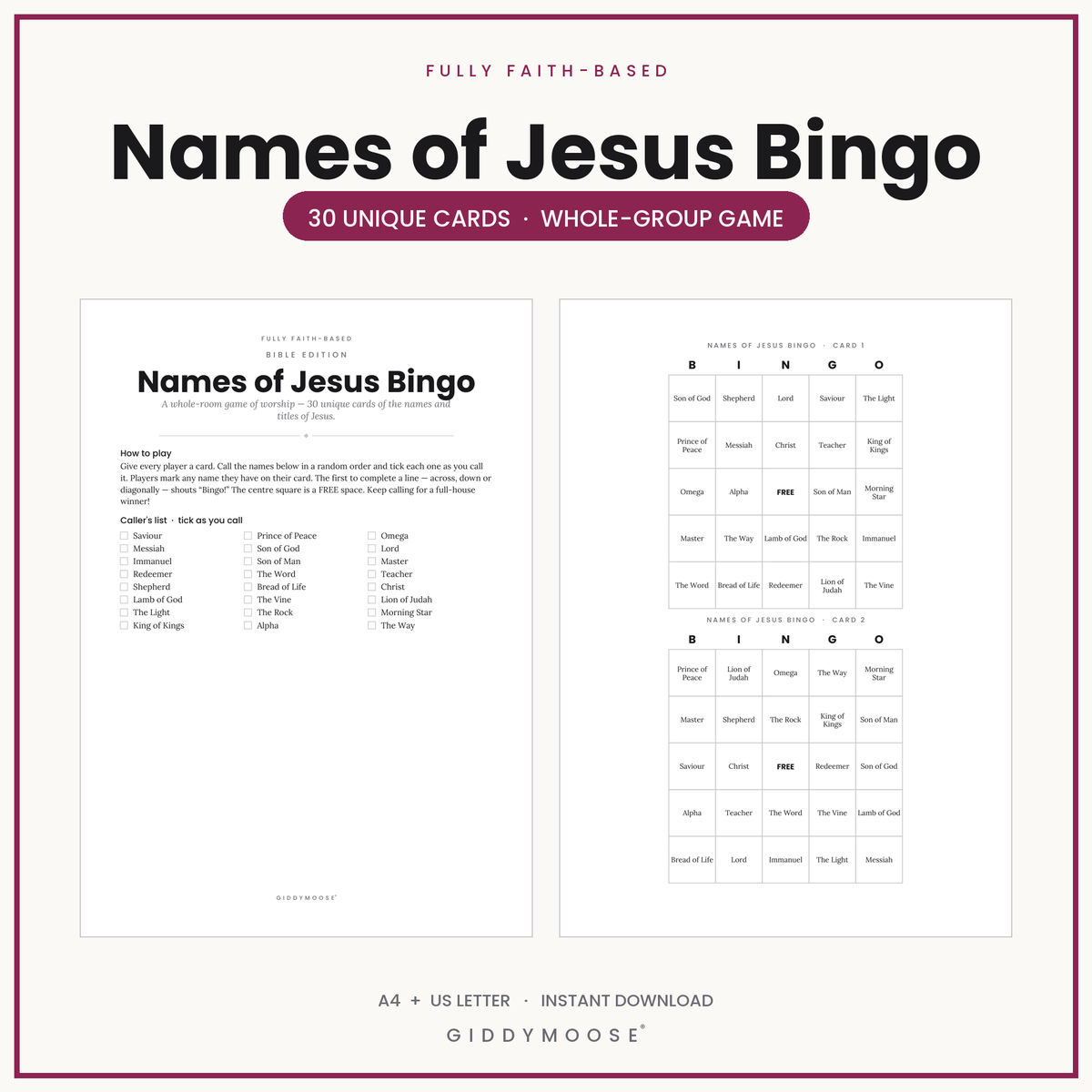 Names of Jesus Bingo Printable