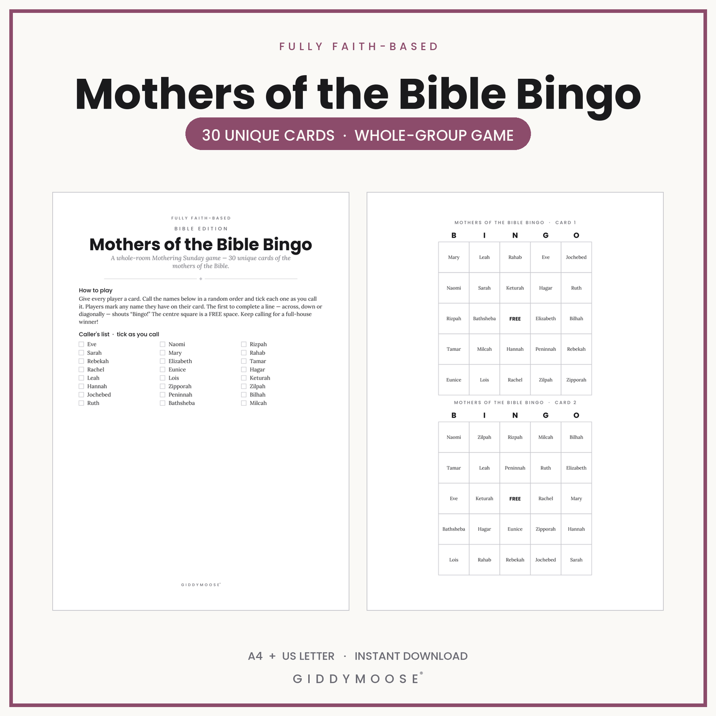 Mothers of the Bible Bingo Printable