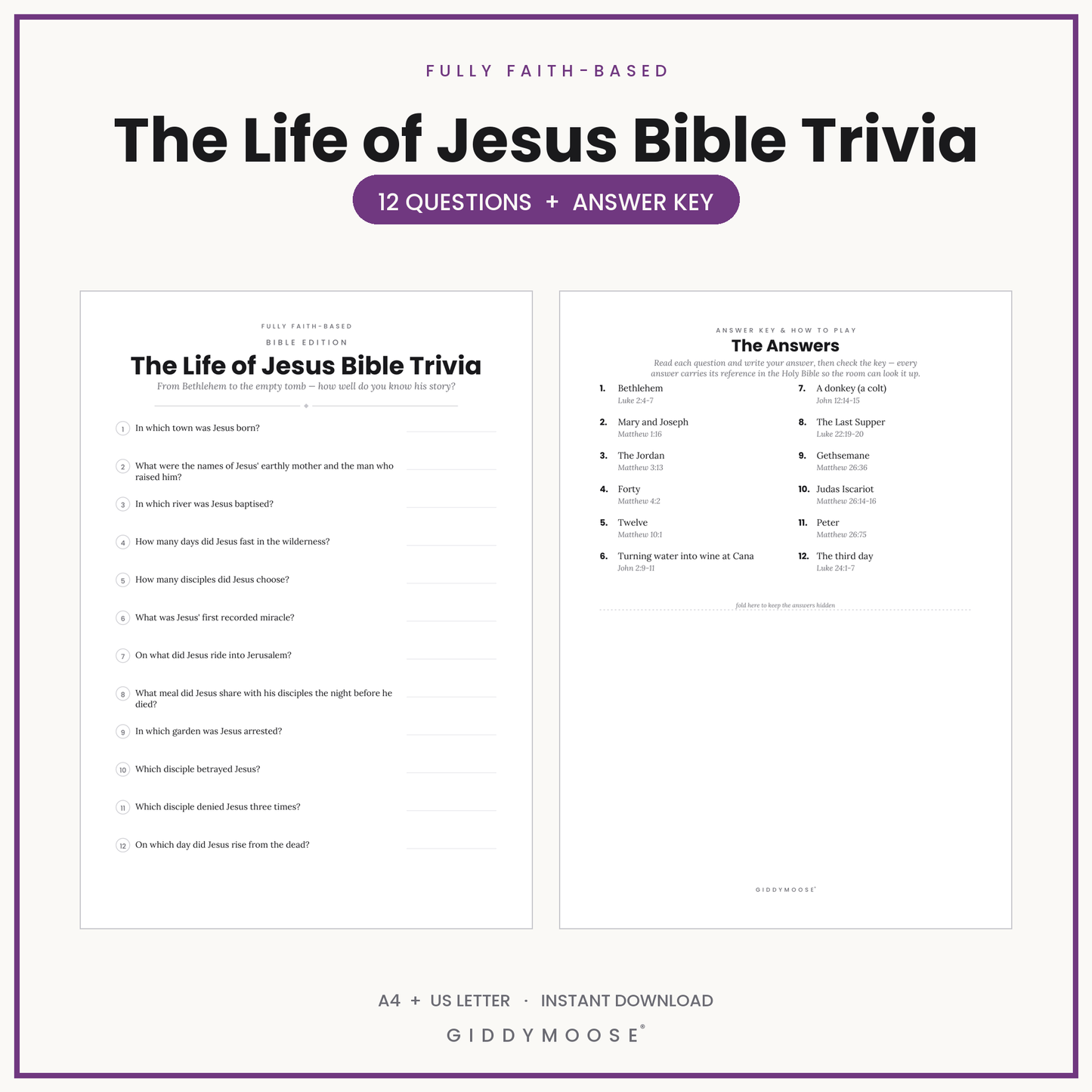 Life of Jesus Bible Trivia Quiz Printable