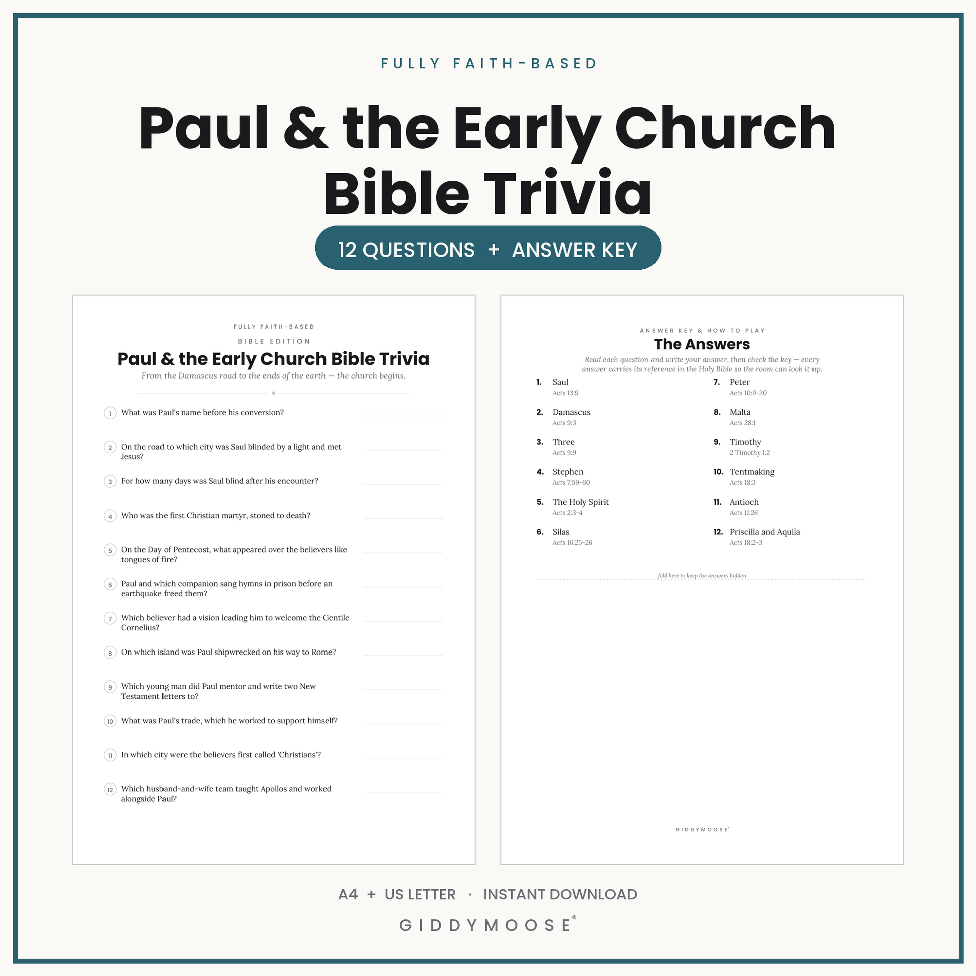 Paul and the Early Church Bible Trivia Printable