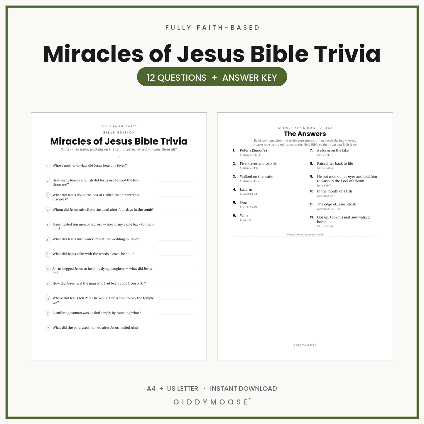 Miracles of Jesus Bible Trivia Printable