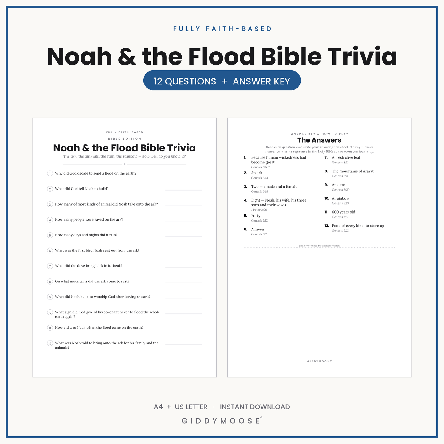 Noah's Ark Bible Trivia Quiz Printable