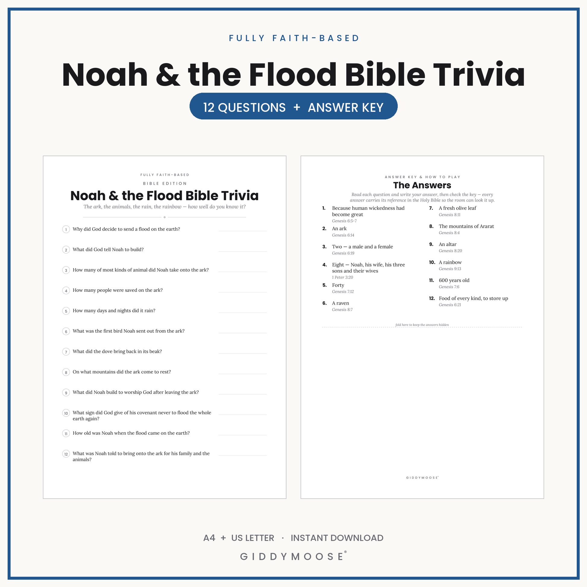 Noah's Ark Bible Trivia Quiz Printable