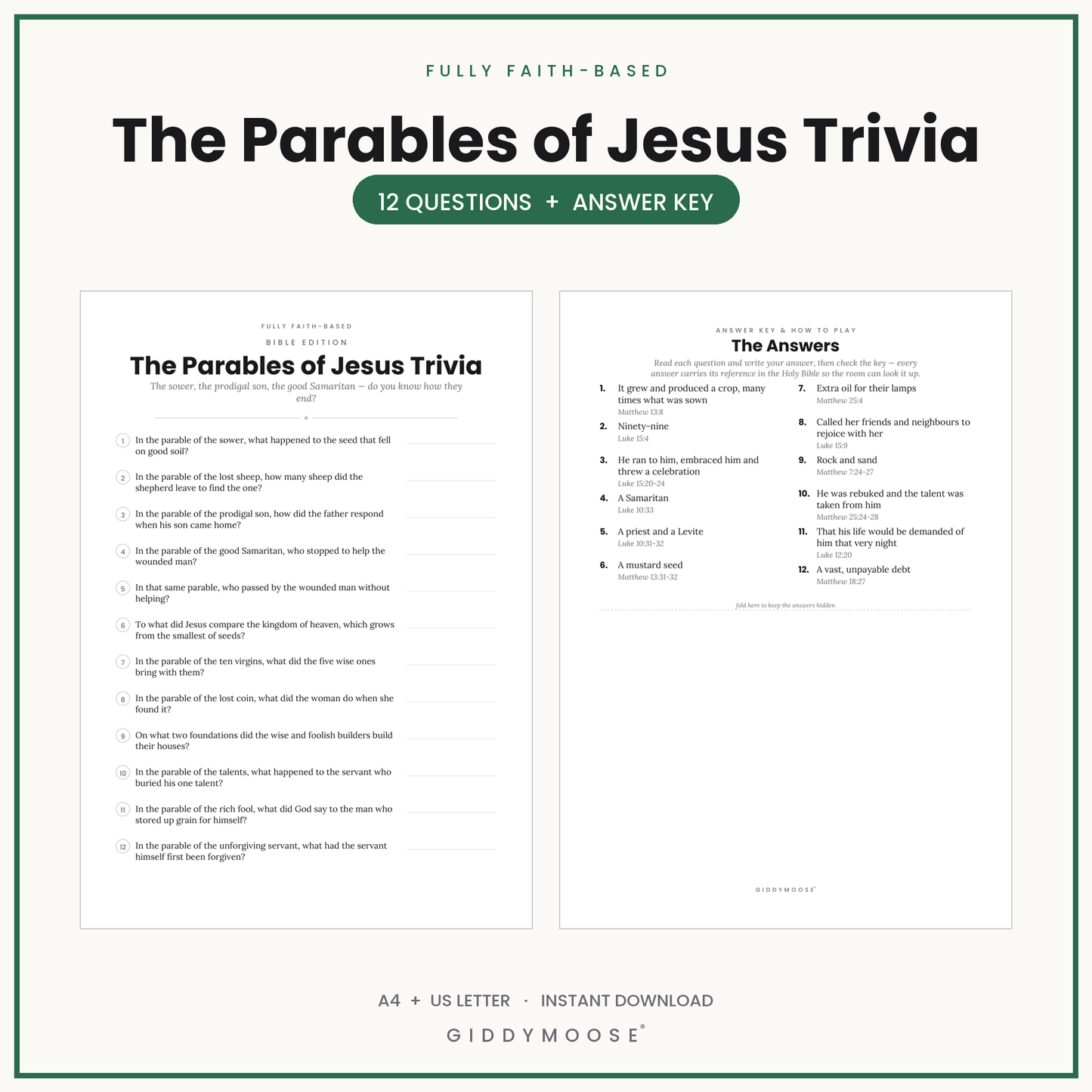 Parables of Jesus Bible Trivia Printable