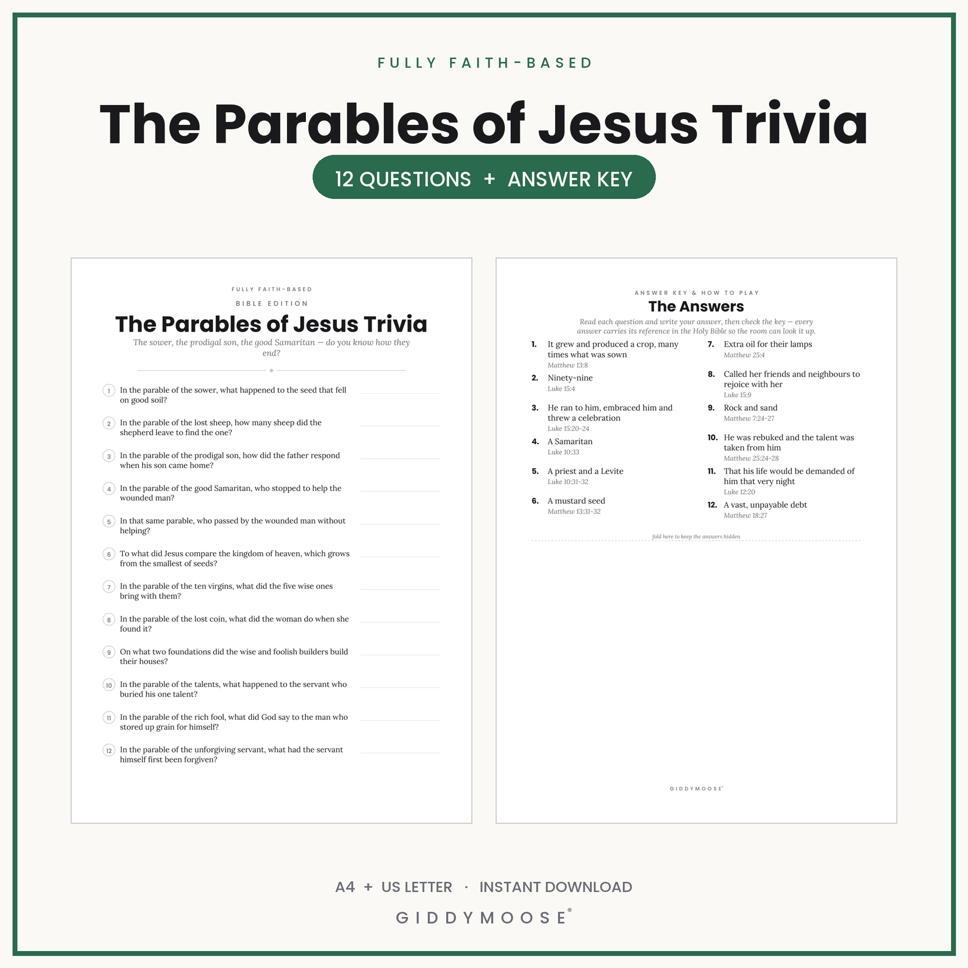 Parables of Jesus Bible Trivia Printable