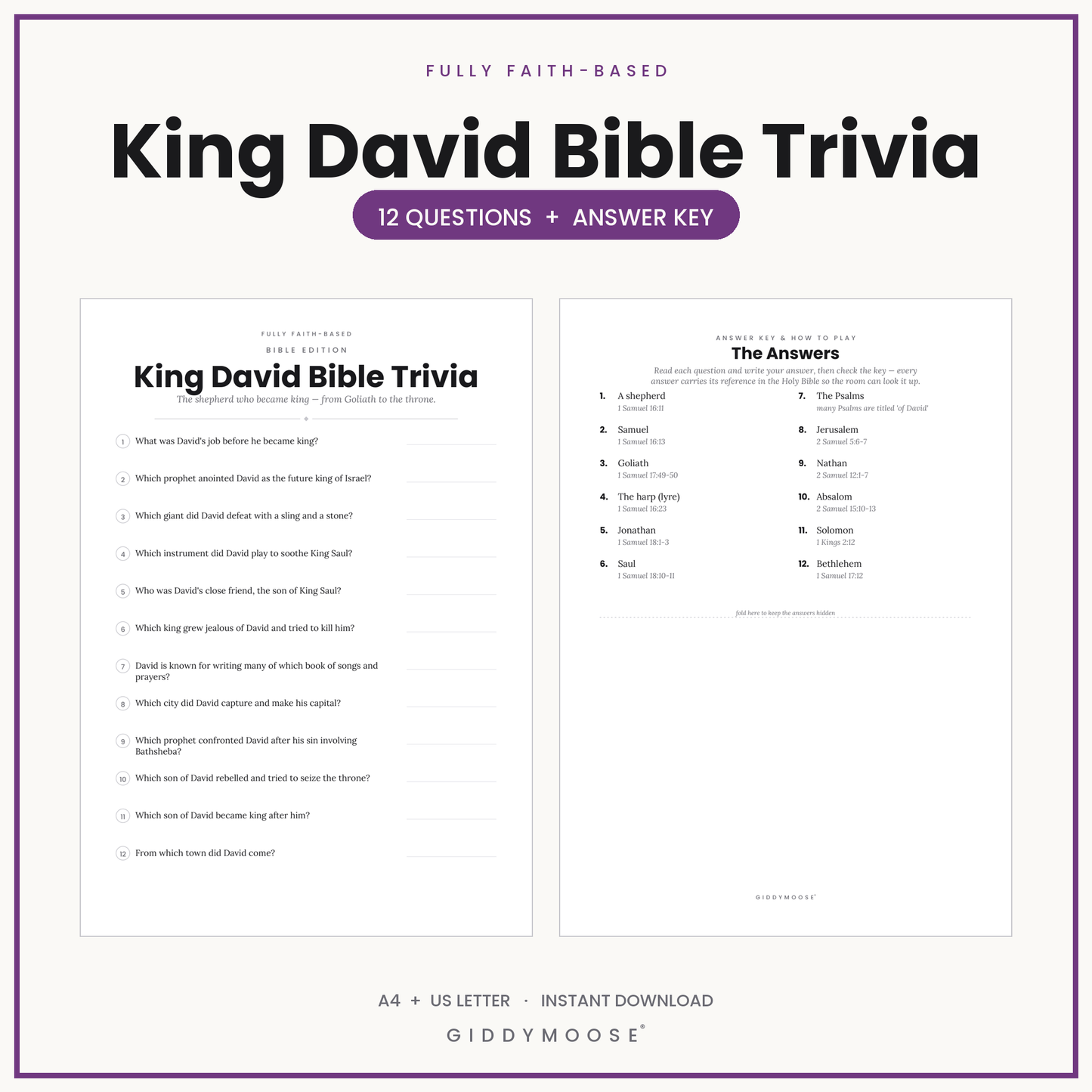 King David Bible Trivia Quiz Printable