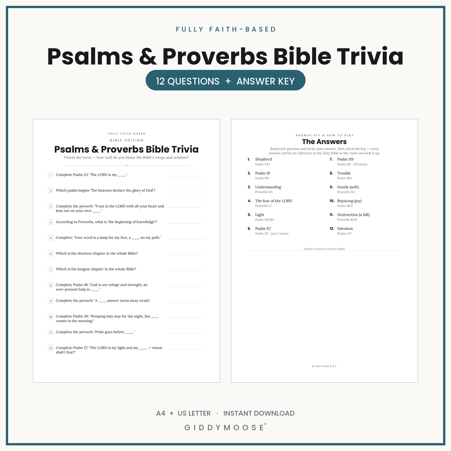 Psalms and Proverbs Bible Trivia Printable