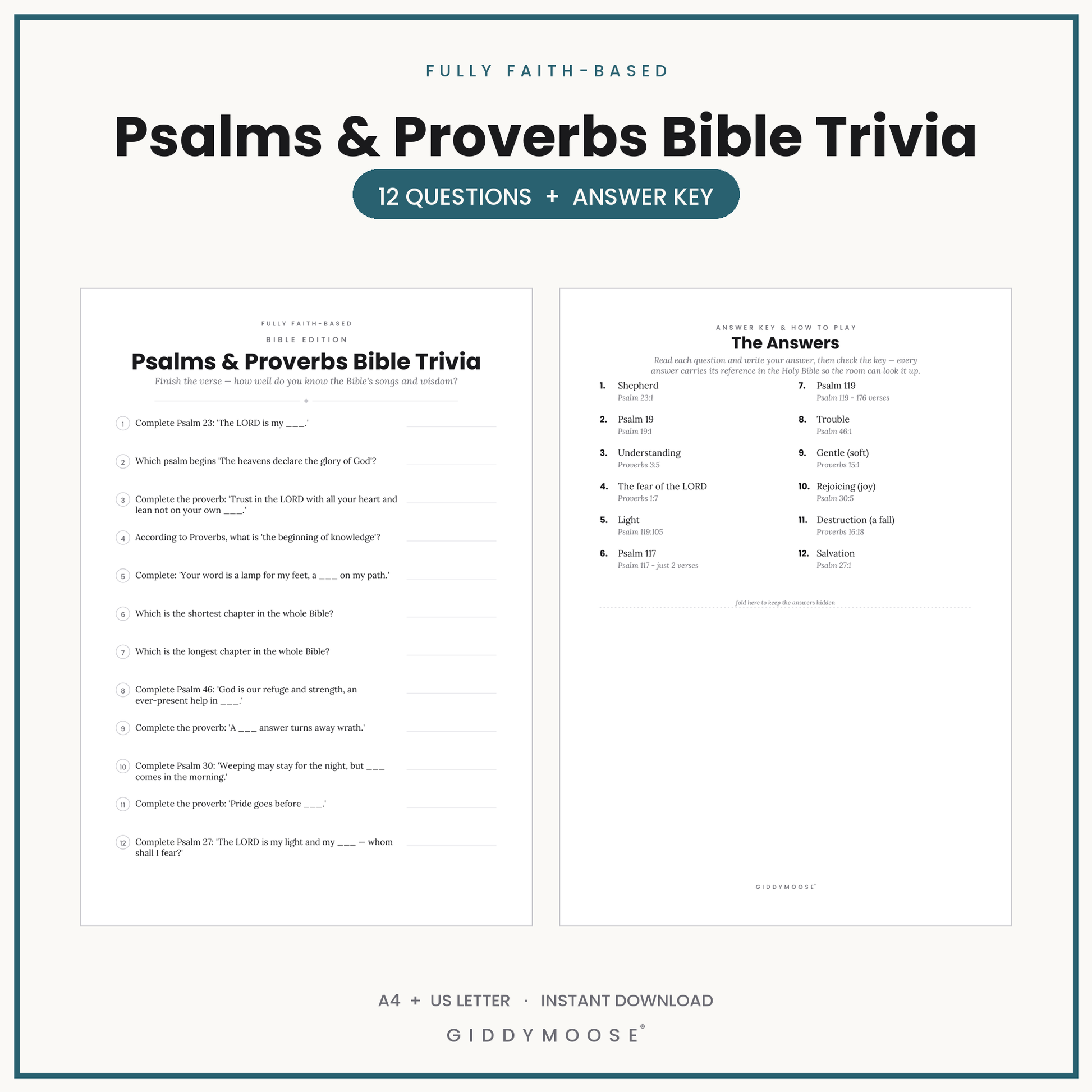 Psalms and Proverbs Bible Trivia Printable