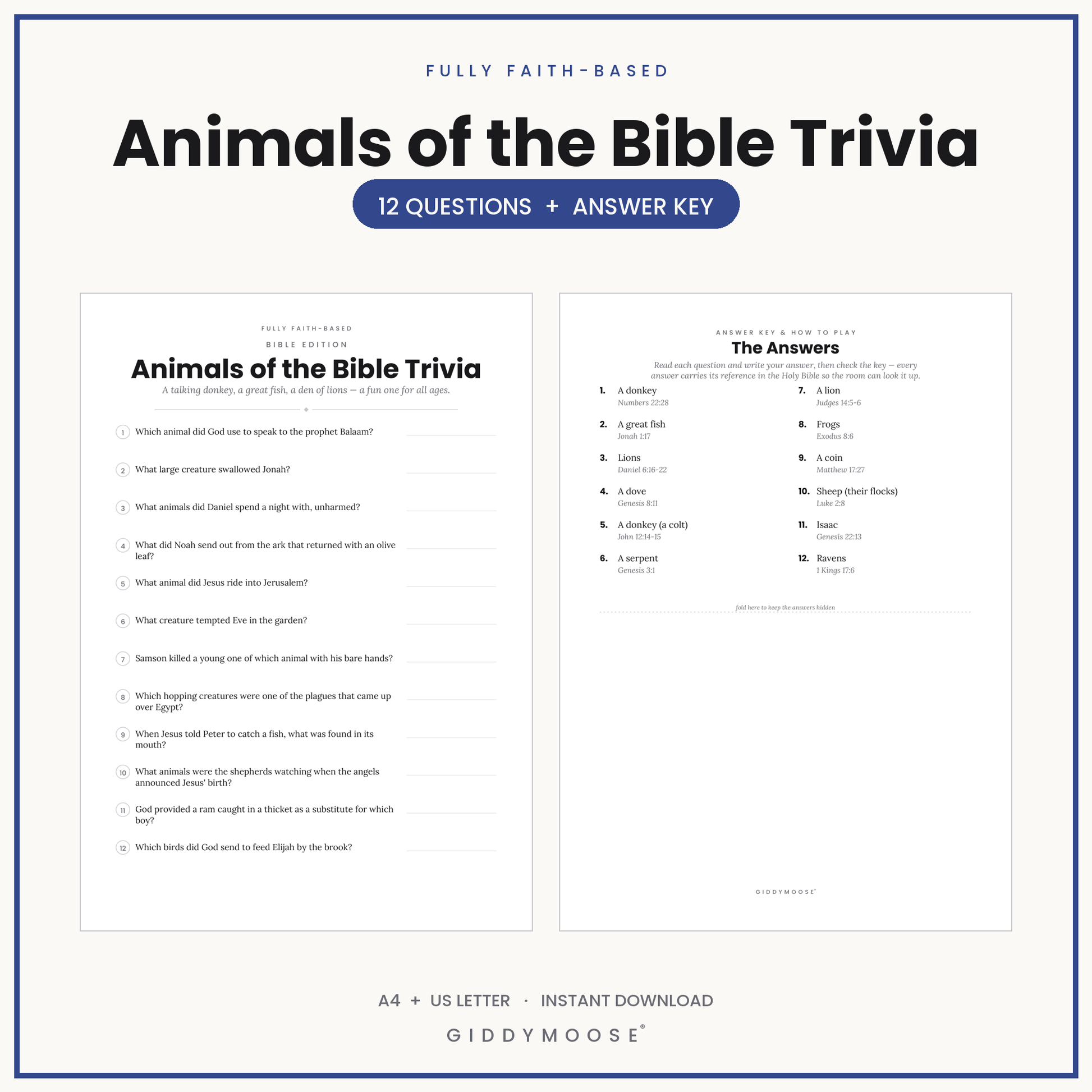Bible Animals Trivia Quiz Printable
