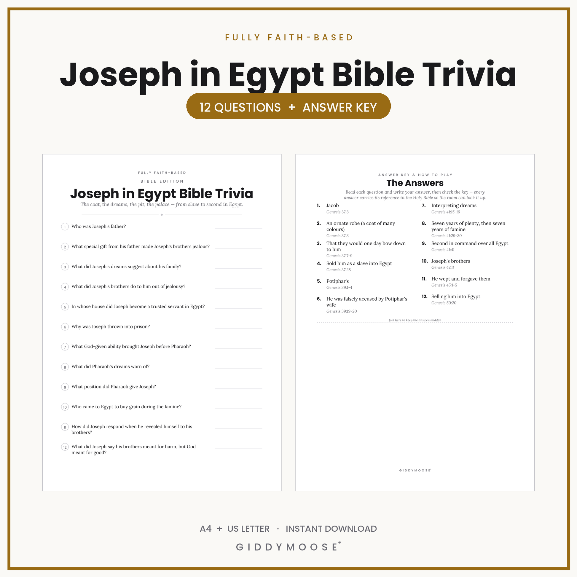Joseph and His Coat Bible Trivia Printable