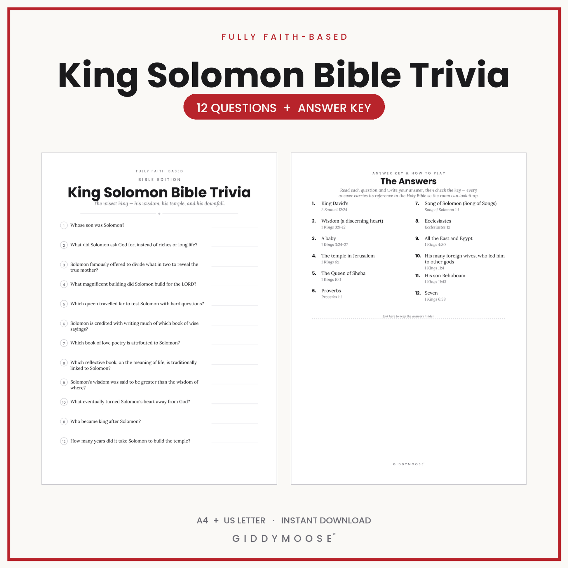 King Solomon Bible Trivia Printable