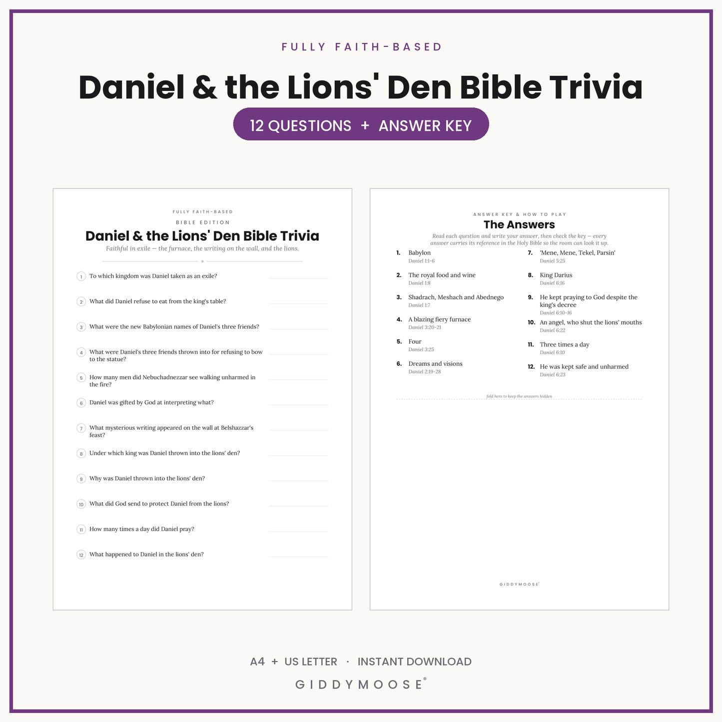 Daniel & the Lions Den Bible Trivia Printable