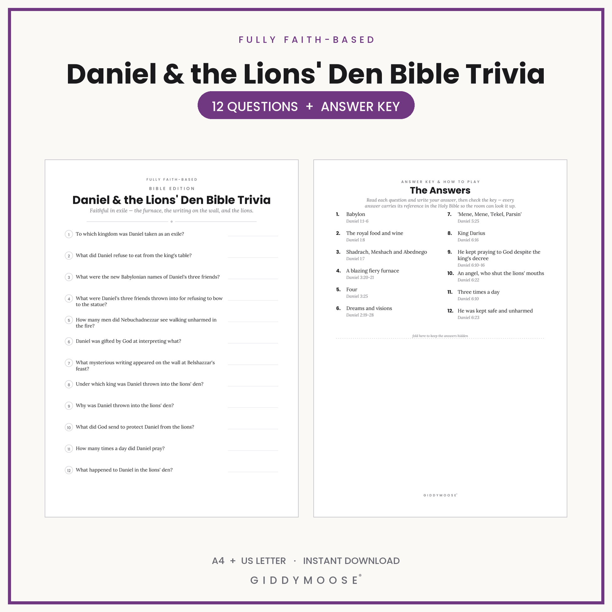 Daniel & the Lions Den Bible Trivia Printable