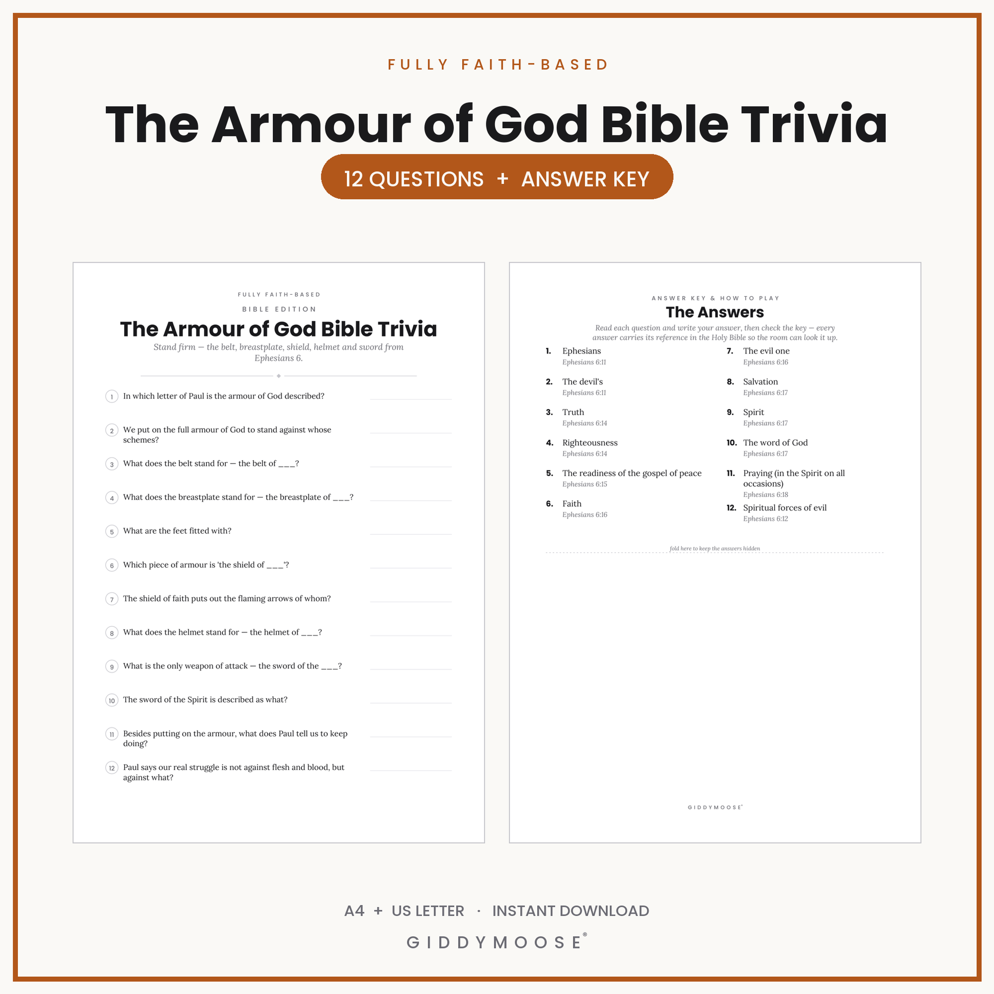 Armour of God Bible Trivia Printable