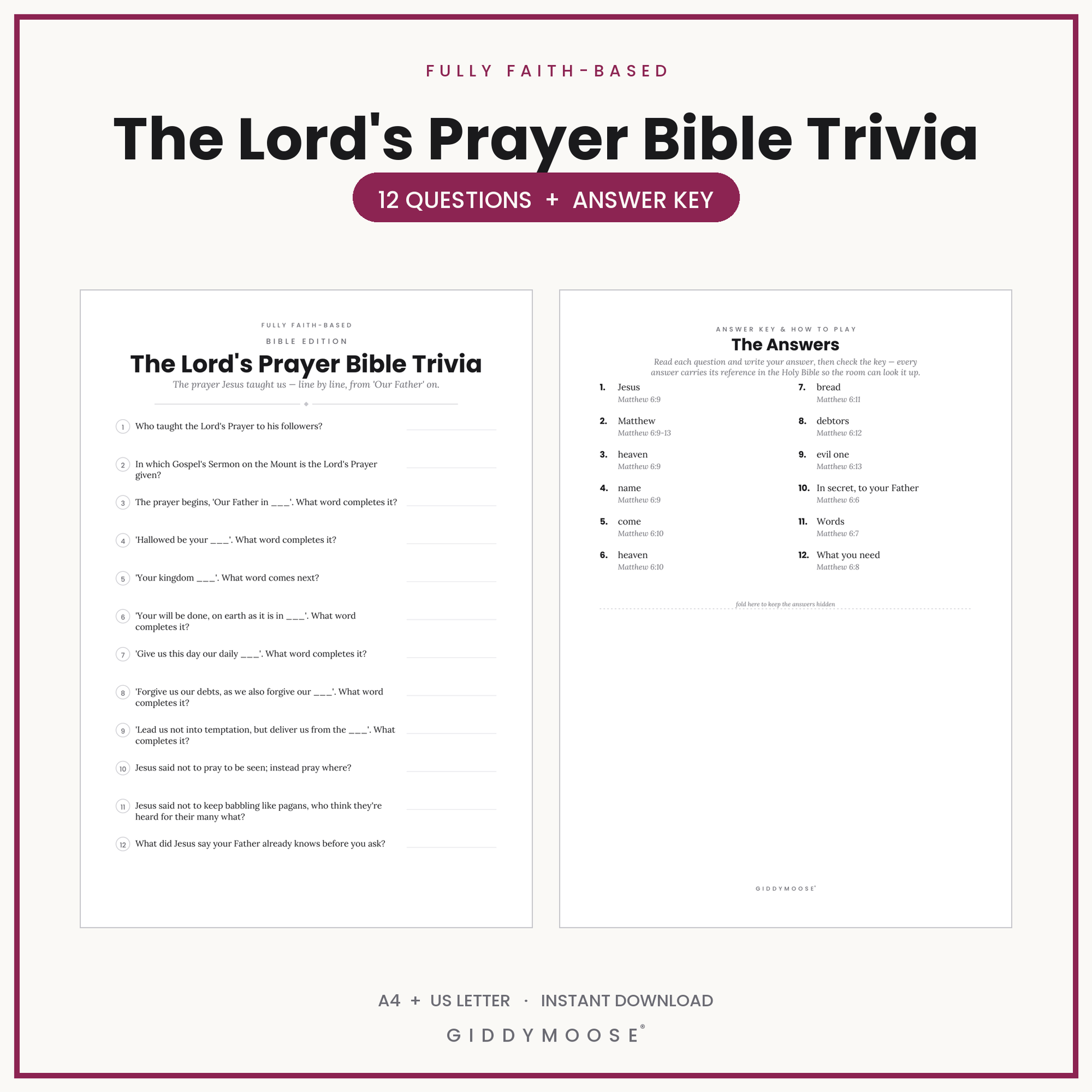 The Lords Prayer Bible Trivia Printable