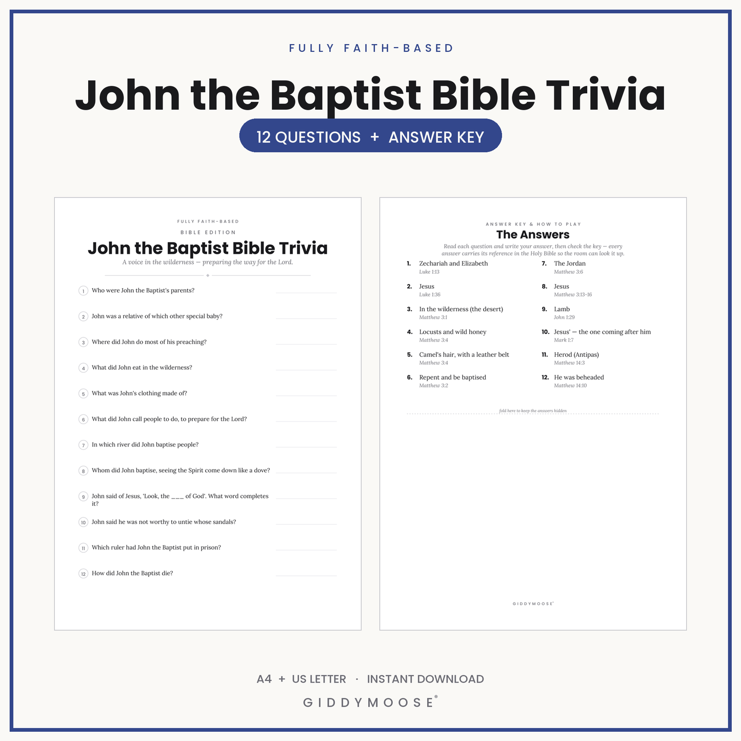 John the Baptist Bible Trivia Printable