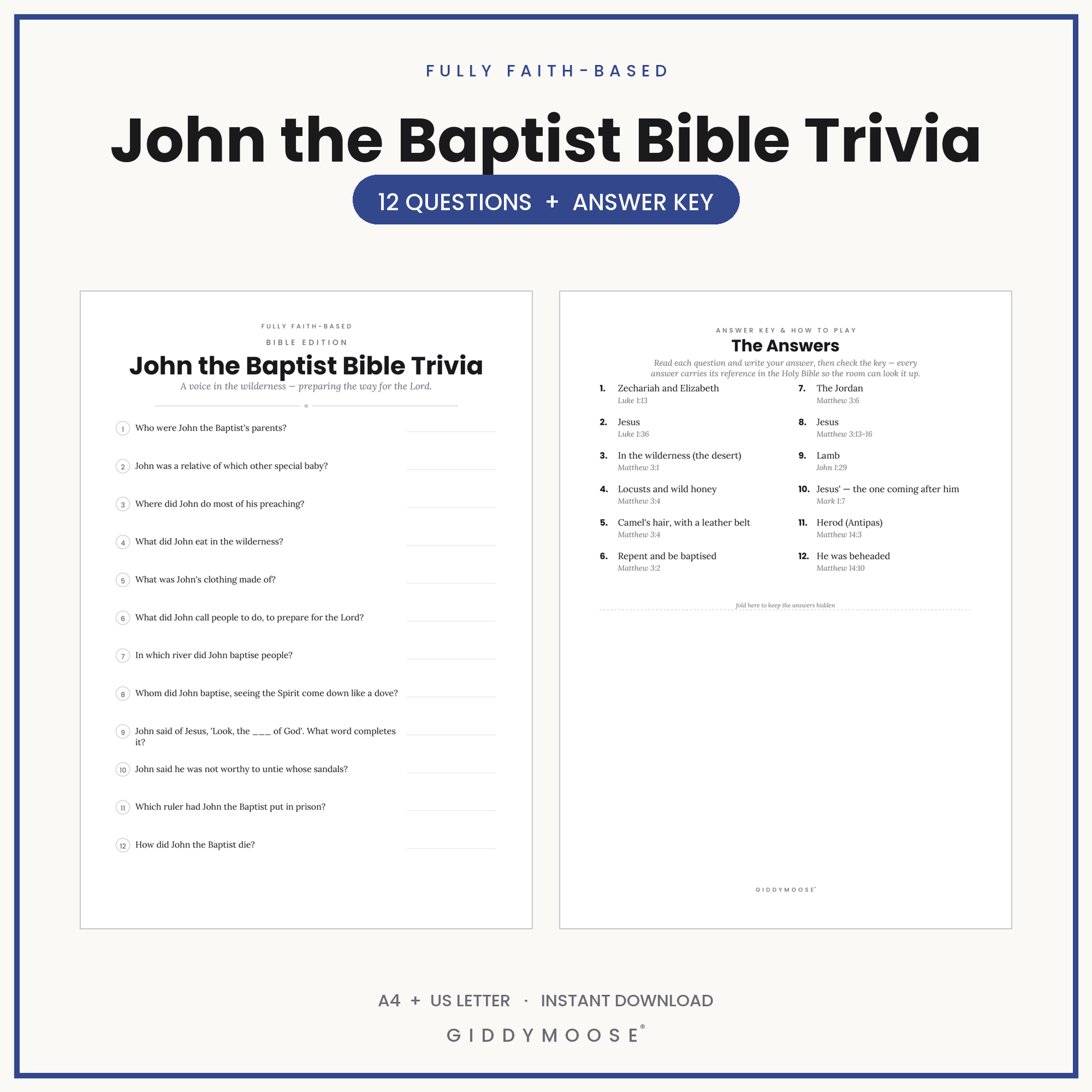 John the Baptist Bible Trivia Printable