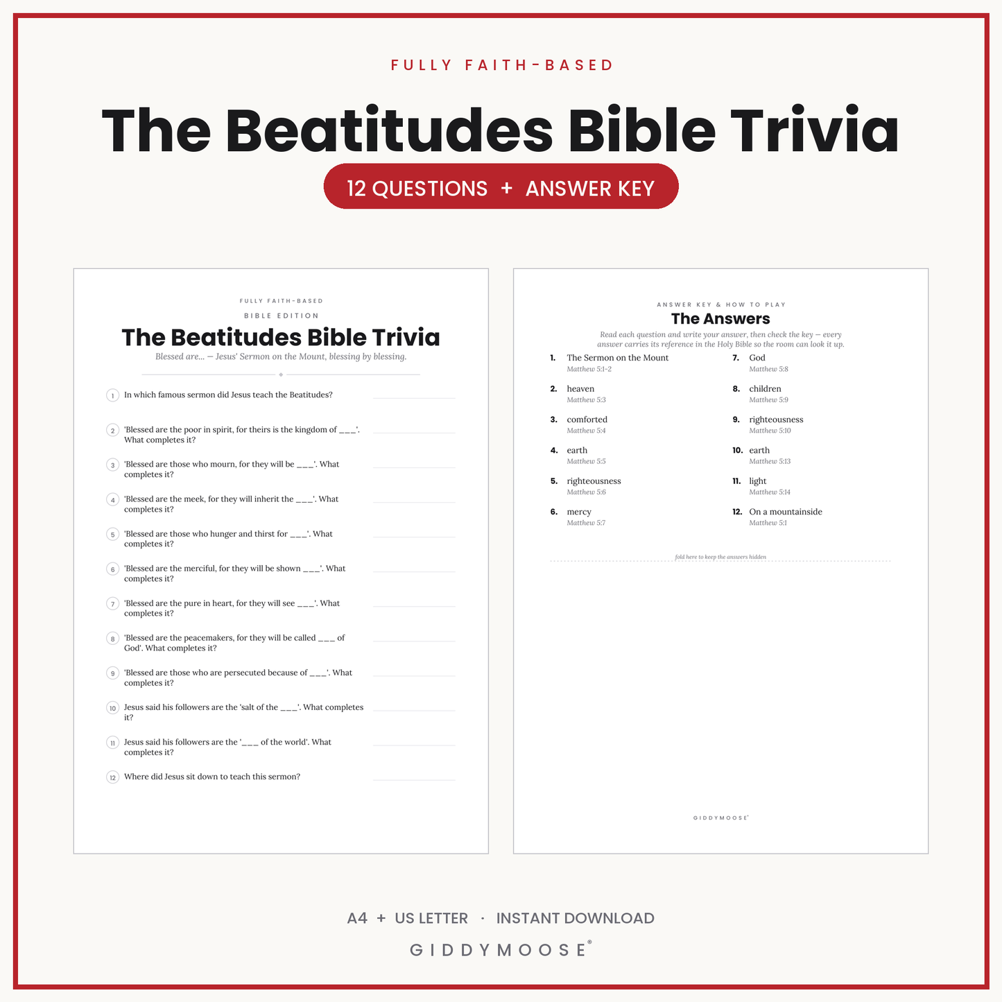 The Beatitudes Bible Trivia Printable