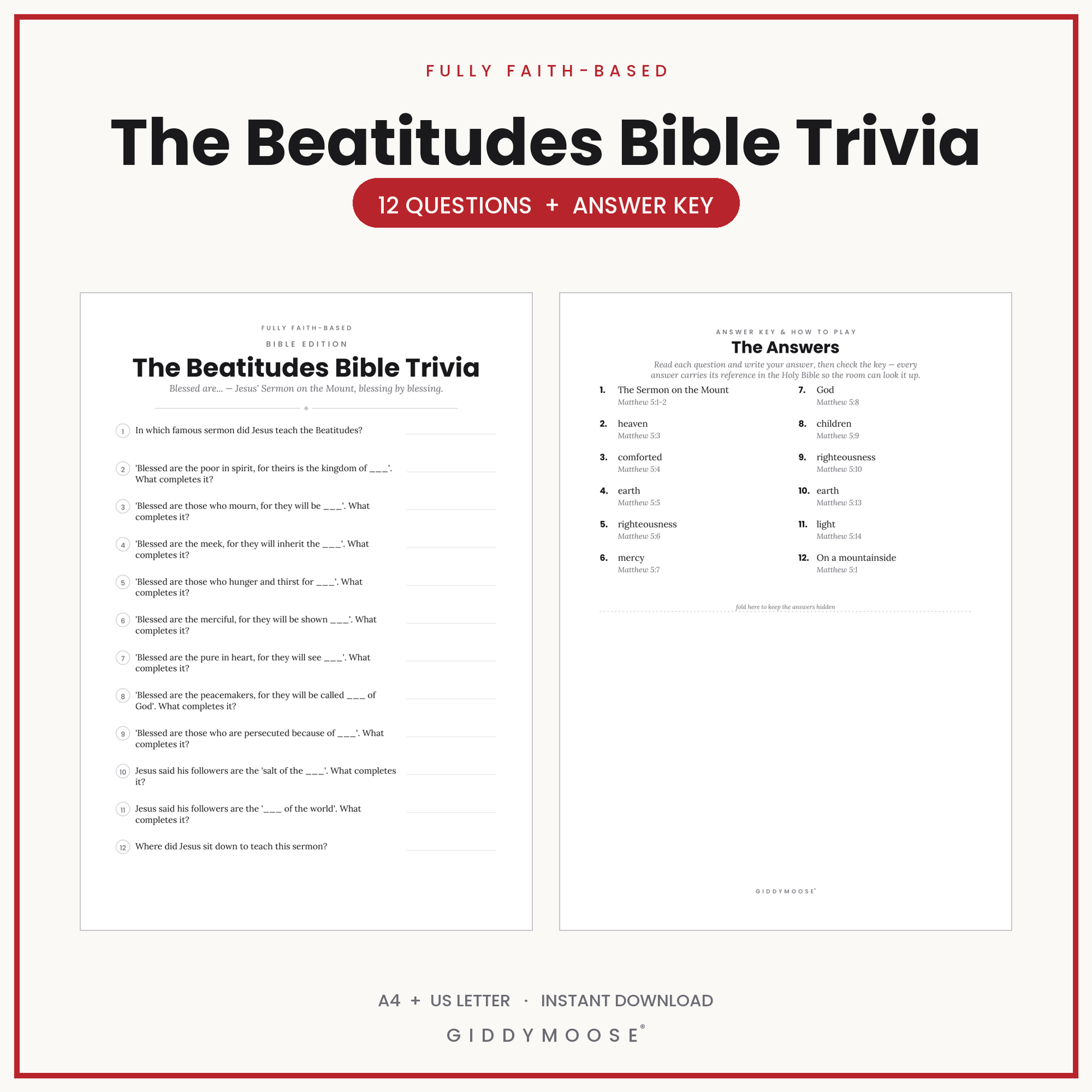 The Beatitudes Bible Trivia Printable