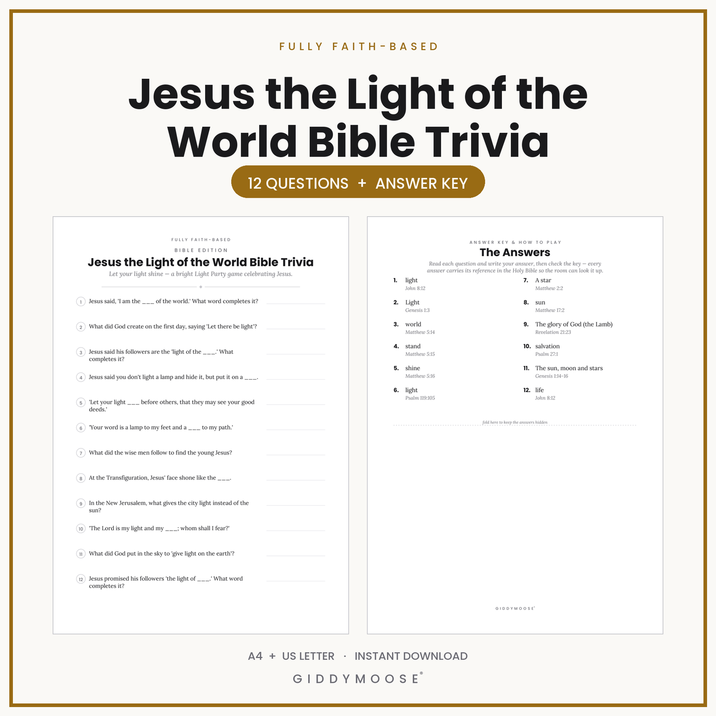 Jesus Light of the World Bible Trivia Printable